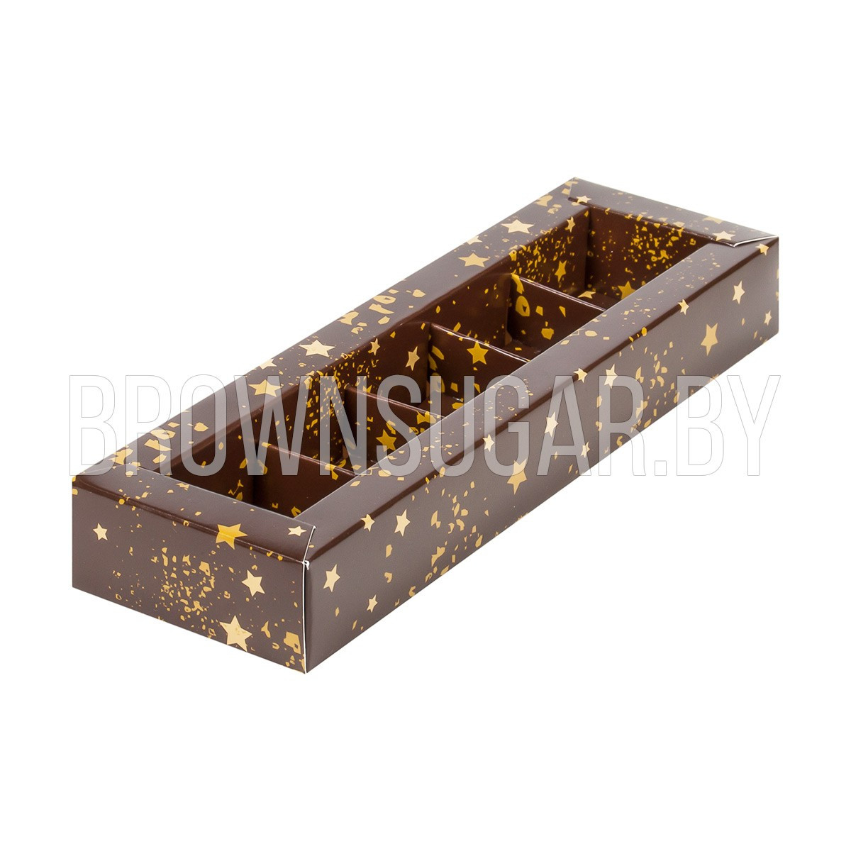 Коробка для 5 конфет с пластиковой крышкой Коричневая со звёздами (Россия, 235х70х30 мм) - фото 1 - id-p126082907