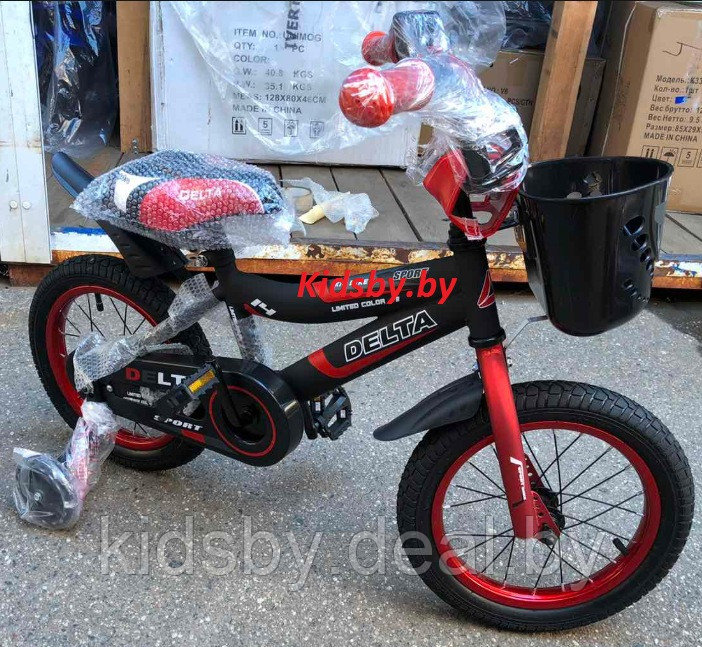 Детский велосипед Delta Sport 14 2020 (черный/красный) со шлемом, корзиной и светящимися полиуретановыми