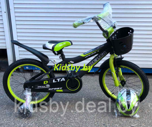 Детский велосипед Delta Sport 18 (черный/зеленый, 2019) с передним ручным V-BRAKE тормозом, шлемом, корзиной и