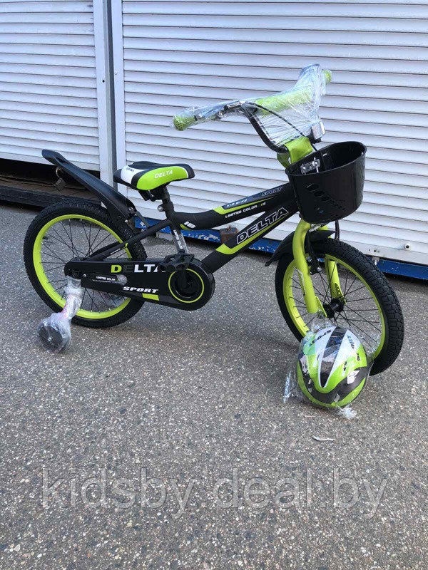 Детский велосипед Delta Sport 18 (черный/зеленый, 2019) с передним ручным V-BRAKE тормозом, шлемом, корзиной и - фото 2 - id-p120541152