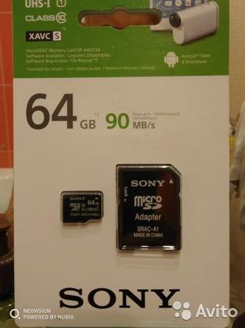 MicroSd 64gb 10кл Sony с адаптером Uhs-I 90mb/s