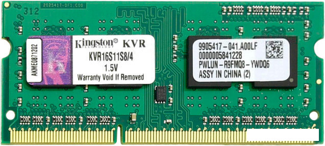 Оперативная память Kingston ValueRAM 4GB DDR3 SO-DIMM PC3-12800 (KVR16S11S8/4) - фото 1 - id-p129694938