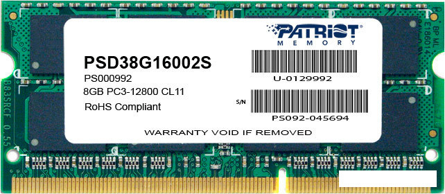 Оперативная память Patriot Signature 8GB DDR3 SO-DIMM PC3-12800 (PSD38G16002S) - фото 1 - id-p129712122