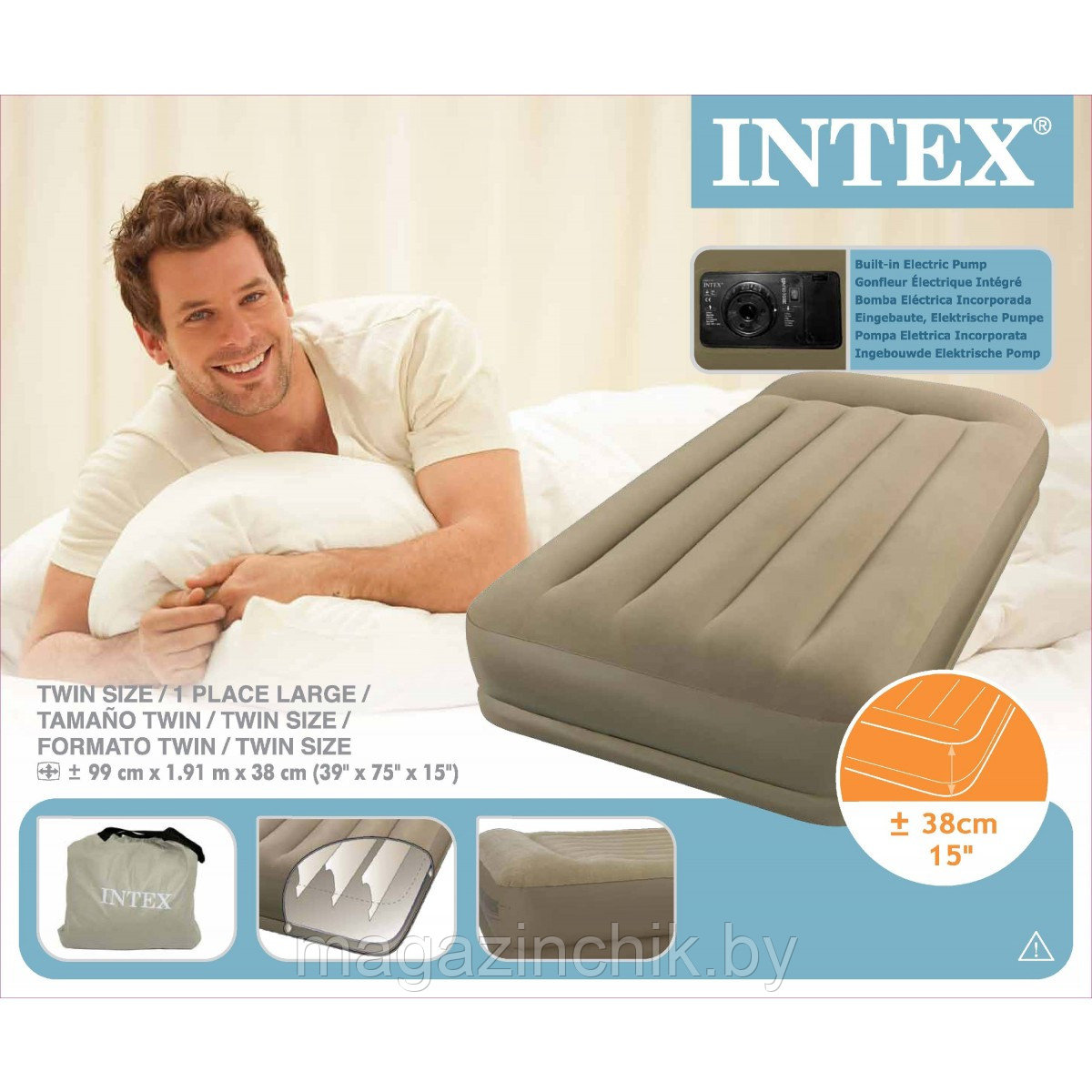 Надувная односпальная кровать Интекс Intex 67742 с подголовником 99*191*38 см со встроенным электронасосом - фото 4 - id-p8997051