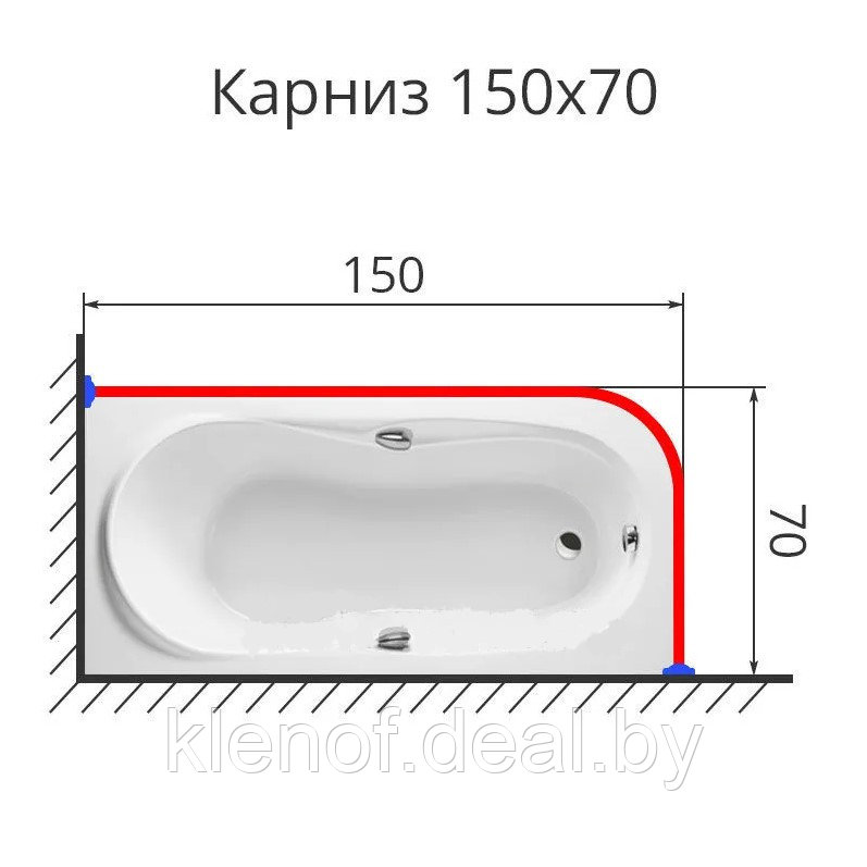 Карниз для ванны Г образный 150х70 нержавеющая сталь