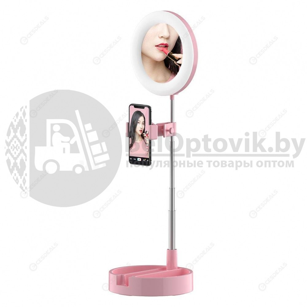 Мультифункциональное зеркало для макияжа с держателем для телефона G3 и круговой LED-подсветкой Розовое - фото 10 - id-p130032968