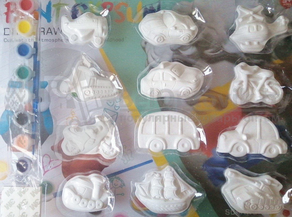Набор гипсовых 3D фигур для раскрашивания. Детский, 12 фигурки (транспорт) + краски - фото 2 - id-p130293676
