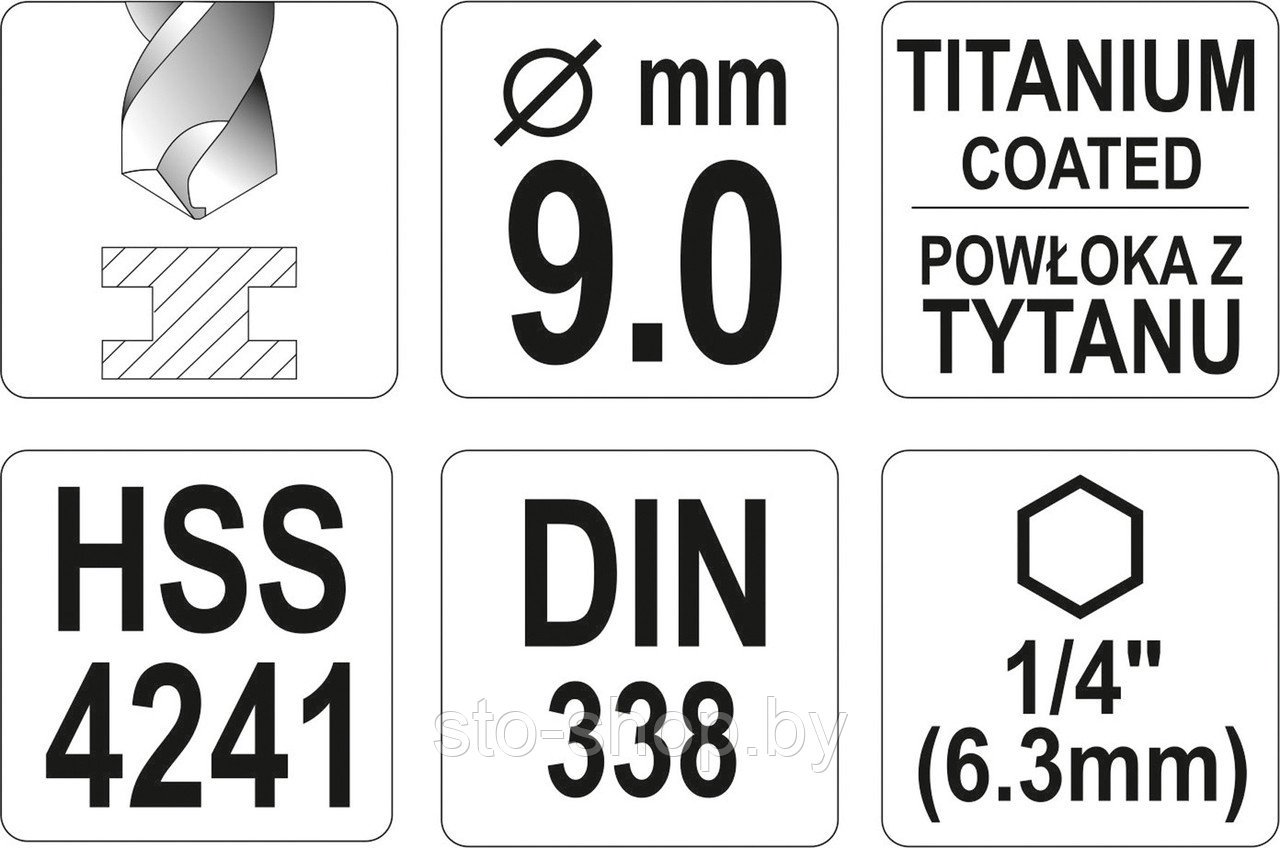 Сверло по металлу HSS-TiN 9,0мм с хвостовиком HEX YT-44770 - фото 4 - id-p130325509