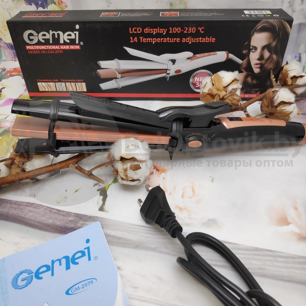 NEW Стайлер для волос 3 в 1 (гофре, плойка, выпрямитель - утюжок) GEMEI GM-2979 с LCD дисплеем Черный корпус - фото 2 - id-p130365246