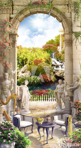 Фотообои "Старинный сад с античными статуями и колоннами"