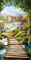 Фотообои  "Лесной ручей, с видом на мост водопад и древний замок"