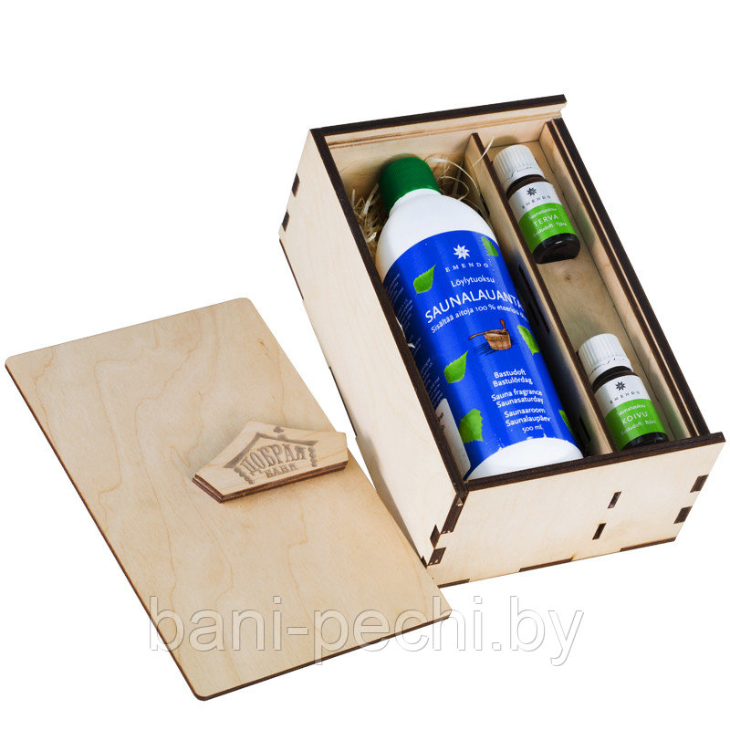 Деревянный набор для сауны Пенал Добрая баня с ароматами 500 мл на выбор и 2 по 10 мл на выбор - фото 1 - id-p111666174