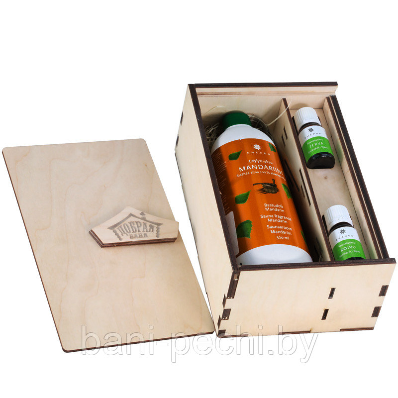 Деревянный набор для сауны Пенал Добрая баня с ароматами 500 мл на выбор и 2 по 10 мл на выбор - фото 3 - id-p111666174