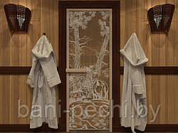Дверь для сауны стеклянная DoorWood "Мишки в лесу" 8 мм, 8 цветов, 7 х 19