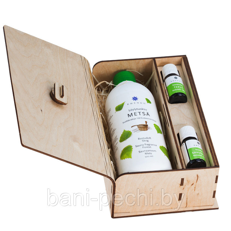 Деревянный набор для сауны Коробка Добрая баня с ароматами 500 мл на выбор и 2 по 10 мл на выбор