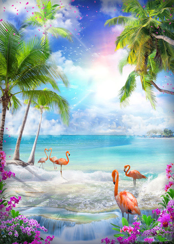 Фотообои "Райский остров с фламинго на берегу"