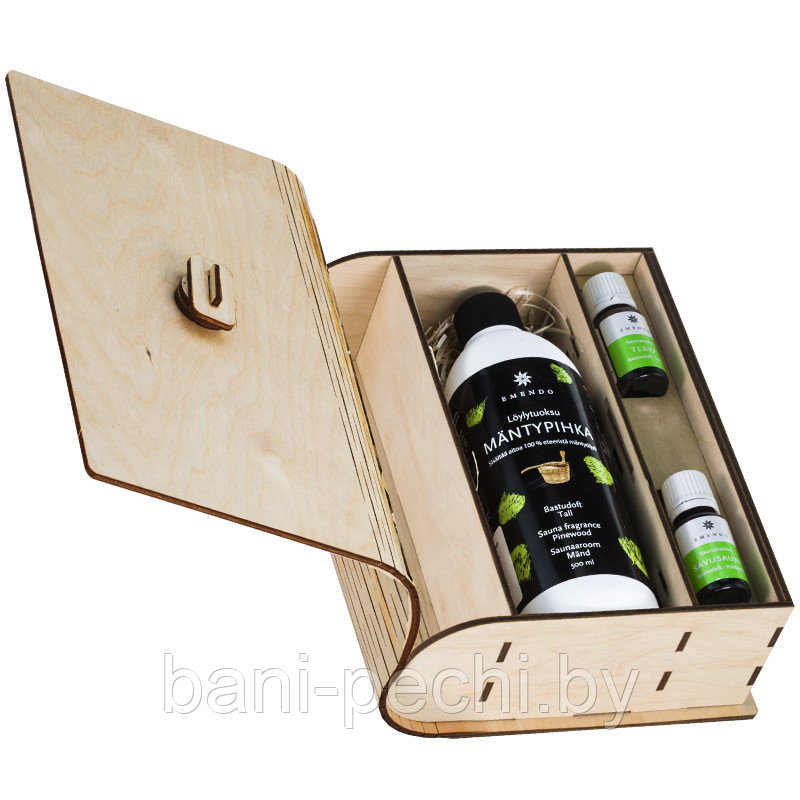 Деревянный набор для сауны Книга Добрая баня с ароматами Сосновая смола 500 мл и 2 по 10 мл на выбор - фото 1 - id-p111666075