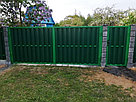 Забор на сборном фундаменте под ключ (металлоштакетник RAL 6005, двойная зашивка, декоративные столбы), фото 4