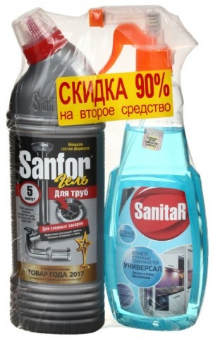 Средство для чистки труб Sanfor 750 мл + 500 мл Sanitar «Универсал» - фото 1 - id-p131175701