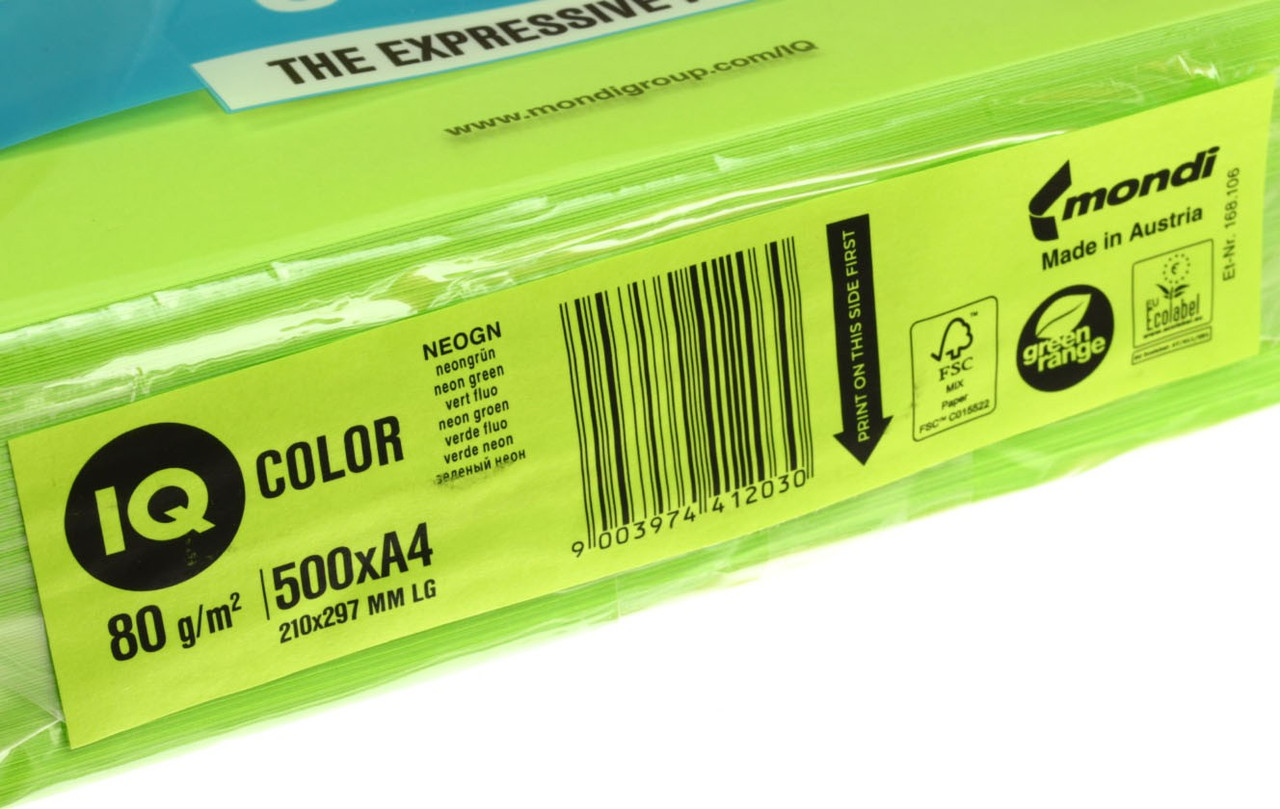 Бумага офисная цветная IQ Color А4 (210*297 мм), 80 г/м2, 500 л., зеленый неон - фото 3 - id-p131174779