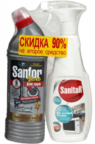 Средство для чистки труб Sanfor 750 мл + 500 мл Sanitar «Для бытовой техники» - фото 1 - id-p131176006