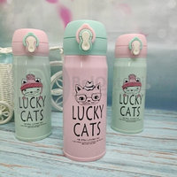 Термокружка LUCKY Cats, 350 мл Розовый с мятной крышечкой, фото 1