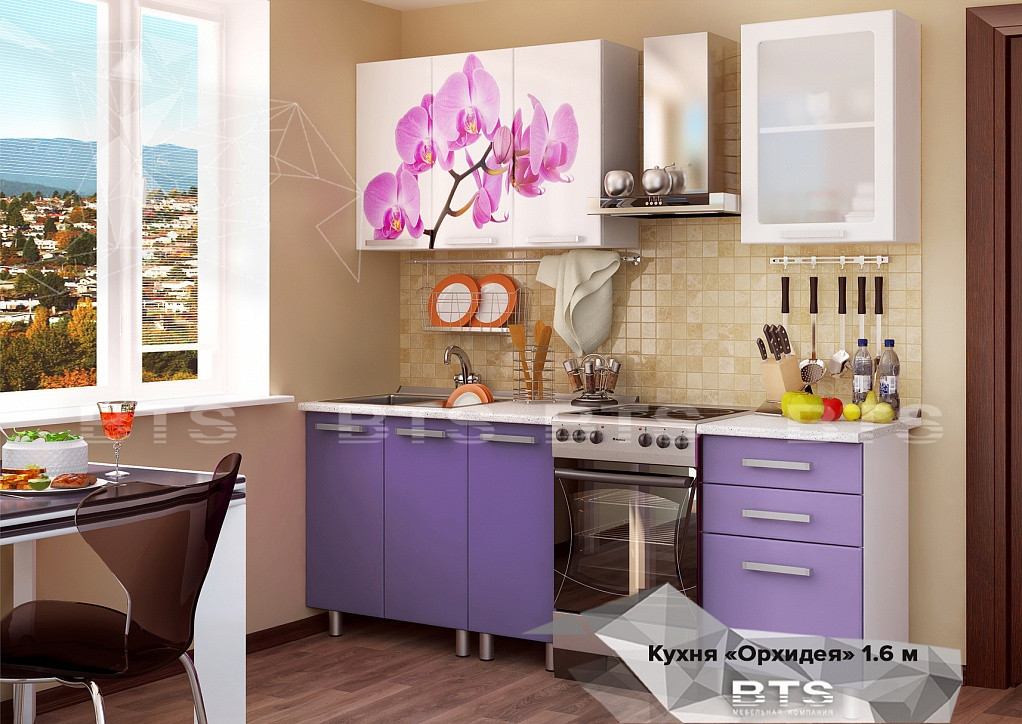 Кухня Орхидея - 1,6м - Серый / МДФ Фиолетовый глянец / Фотопечать