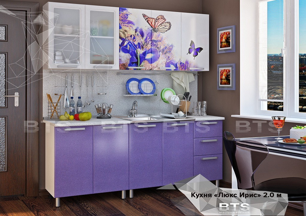 Кухня Люкс Ирис - 2,0м - Серый / Фотопечать / МДФ Фиолетовый глянец