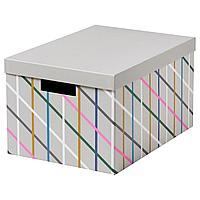 ТЬЕНА Коробка с крышкой, серый разноцветный, бумага25x35x20 см