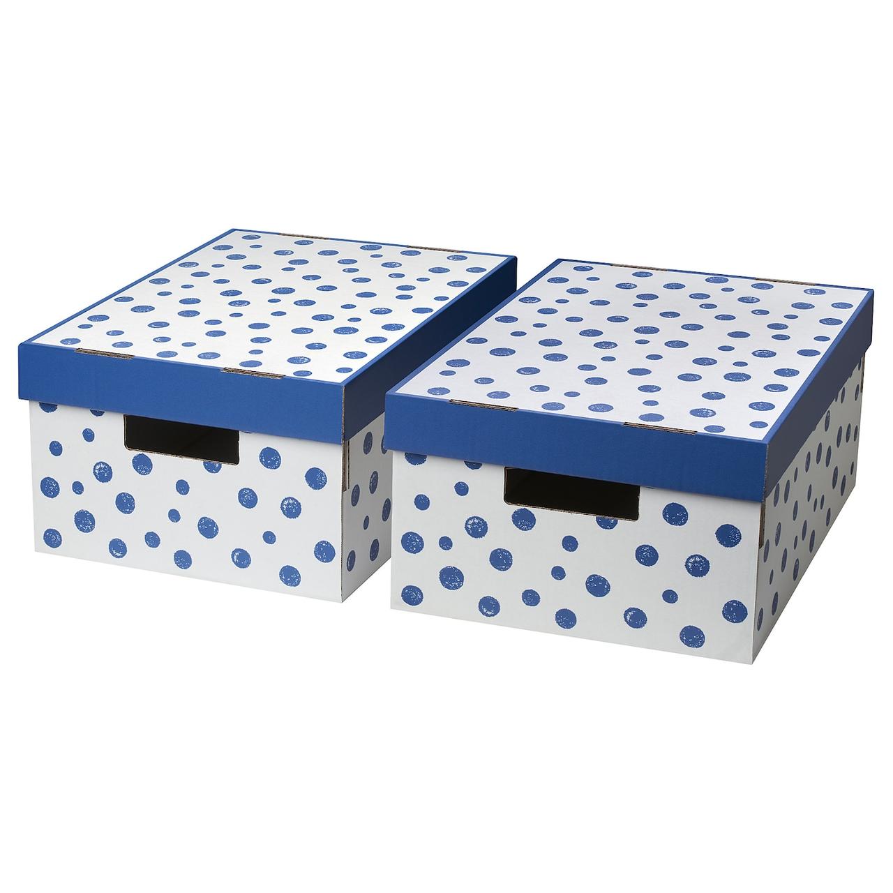 ПИНГЛА коробка, 1шт с крышкой, точечный, синий28x37x18 см