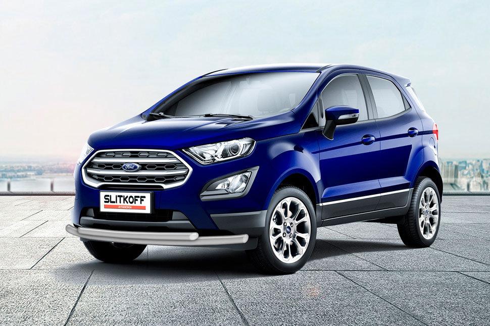 Защита переднего бампера d57+d42 двойная серебристая Ford EcoSport (2017)