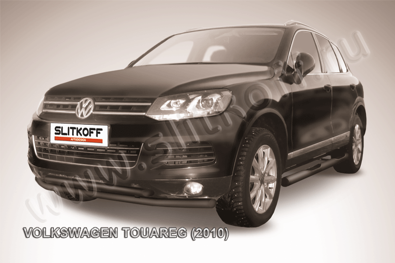 Защита переднего бампера d57+d57 двойная черная Volkswagen Touareg (2010)