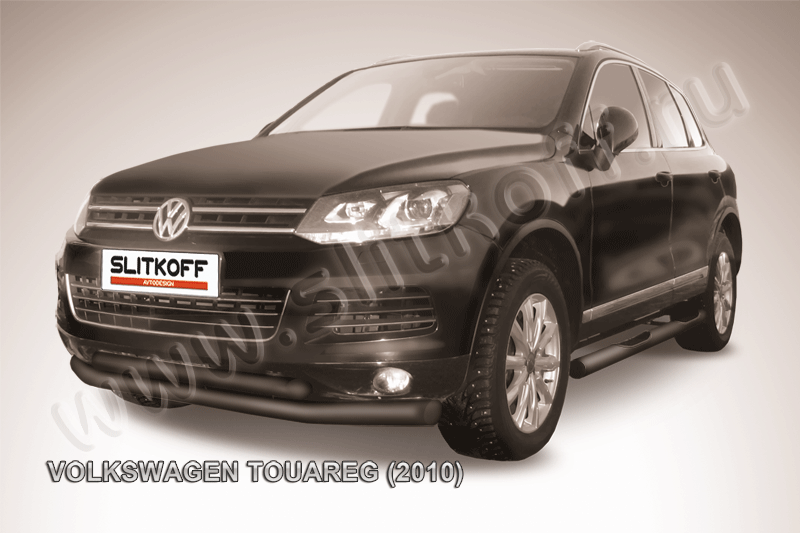 Защита переднего бампера d76+d57 двойная черная Volkswagen Touareg (2010)