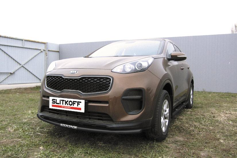 Защита переднего бампера d42 с надписью черная KIA Sportage (2016)