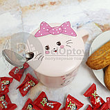Кружка керамическая 400 мл, с крышкой и металлической ложечкой Cat Happy every day (Розовая), фото 2