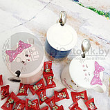 Кружка керамическая 400 мл, с крышкой и металлической ложечкой Cat Happy every day (Розовая), фото 5