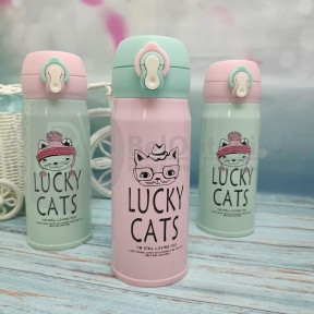 Термокружка LUCKY Cats, 350 мл Розовый с мятной крышечкой