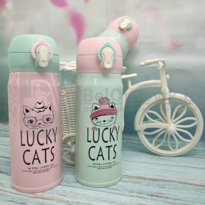 Термокружка LUCKY Cats, 350 мл Мятный с розовой крышечкой