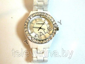 Часы CHANEL QUARTZ (бел. с серебрист. кромкой со стразами) (арт.9-732)