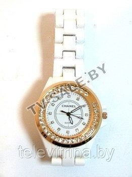 Часы CHANEL QUARTZ (бел. с зол. кромкой со стразами) (арт.9-736)