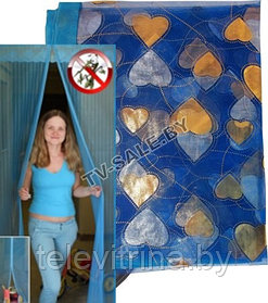 Дверная антимоскитная сетка на магнитах 90 х 210 см цвет: синий, золотистые сердечки  (код.9-3535)