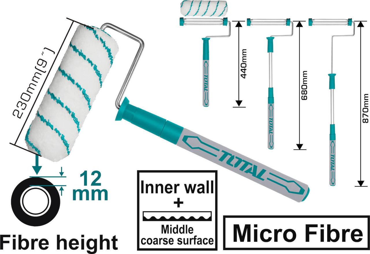 Валик для краски 230mm/9" (Micro fibre) , D-12 mm, телескопическая рукоятка (440-870 мм) TOTAL - фото 2 - id-p132387368