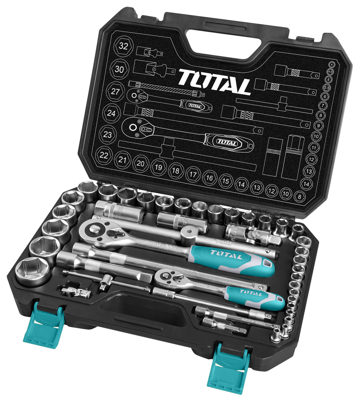 Набор инструментов  ключей, головок торцевых 1/2 и 1/4" (44 предмета)  TOTAL THT421441