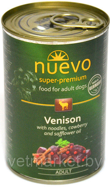 NUEVO консервы для взрослых собак с олениной, лапшой, брусникой и сафлоровым маслом 400 г.