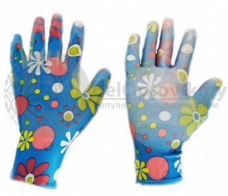 Перчатки нейлоновые тонкие, садовые, с полимерным покрытием ладони и пальцев Голубые