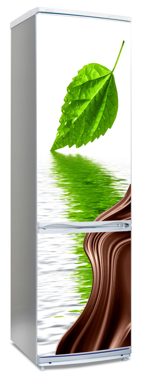Виниловая наклейка на холодильник с зеленым листочком и волной шоколада цвета "венге"