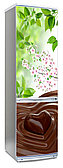 Виниловая наклейка на холодильник с листвой зеленой, цветущей вишней и шоколадом 