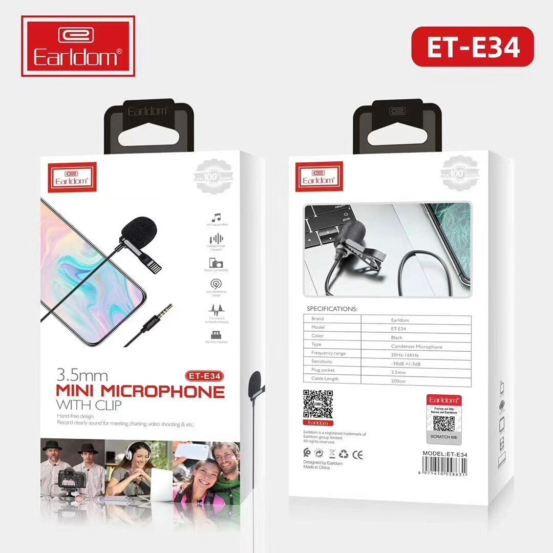 Петличный микрофон EarlDom ET-E34 штекер 3,5 мм (черный)