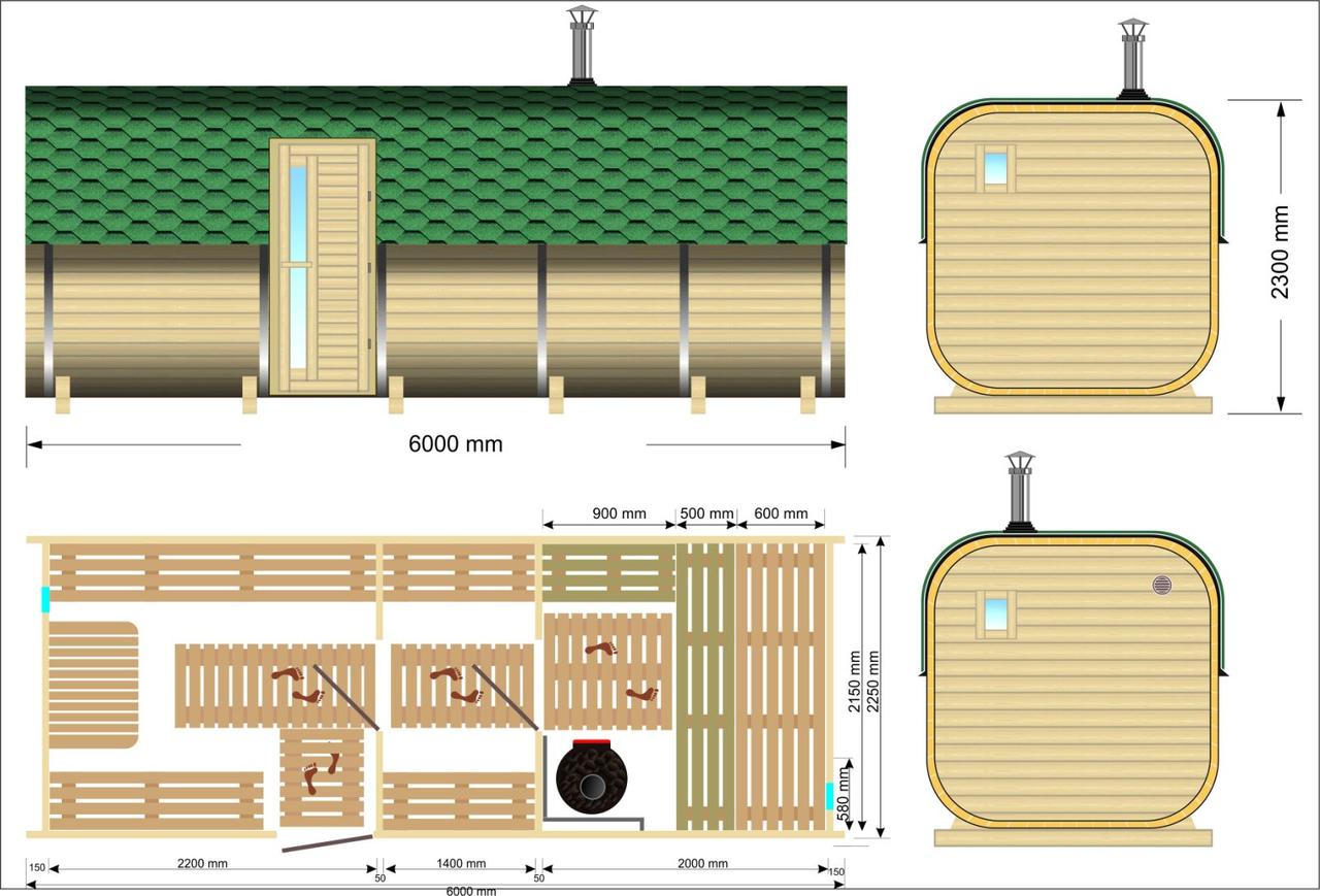 Баня бочка Квадро 6 метров печка спереди