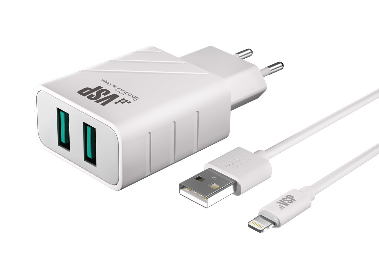 (37265) 2 USB, 2,4A + Дата-кабель 8PIN, 1м, белое Сетевое зарядное устройство BORASCO
